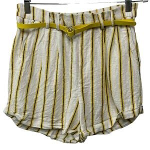 Love Tree Linen Blend‎ Striped High Waisted Belted Shorts Yellow White Women's L